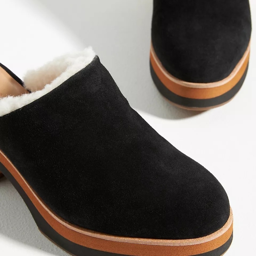 Anthropologie Bernardo Sky Clog platform Shearling cozy black suede shoe - Picture 3 of 11